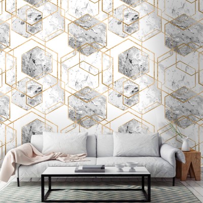 Γκρι εξάγωνα με χρυσό, Line Art, Ταπετσαρίες Τοίχου, 100 x 76 εκ.